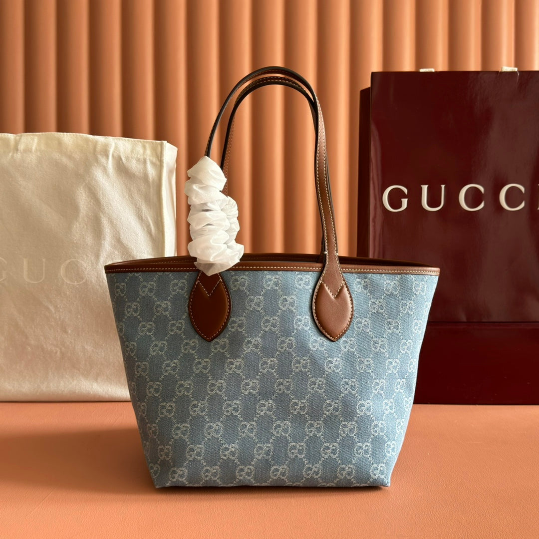 GUCCI 25S TOTISSIMA LARGE TOTE 22 CM IN BLUE DENIM AND BROWN CALFSKIN House Of Sarah Bags