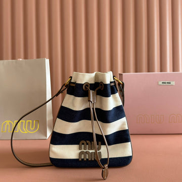MIUMIU 26S BUCKET BAG 23 IN CREAM AND NAVY BLUE CANVAS GOLD HARDWARE House Of Sarah