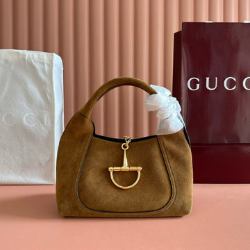 GUCCI 25S HANDBAG 28 CM IN DARK WOOD BROWN SUEDE WITH GOLD HARDWARE House Of Sarah Bags