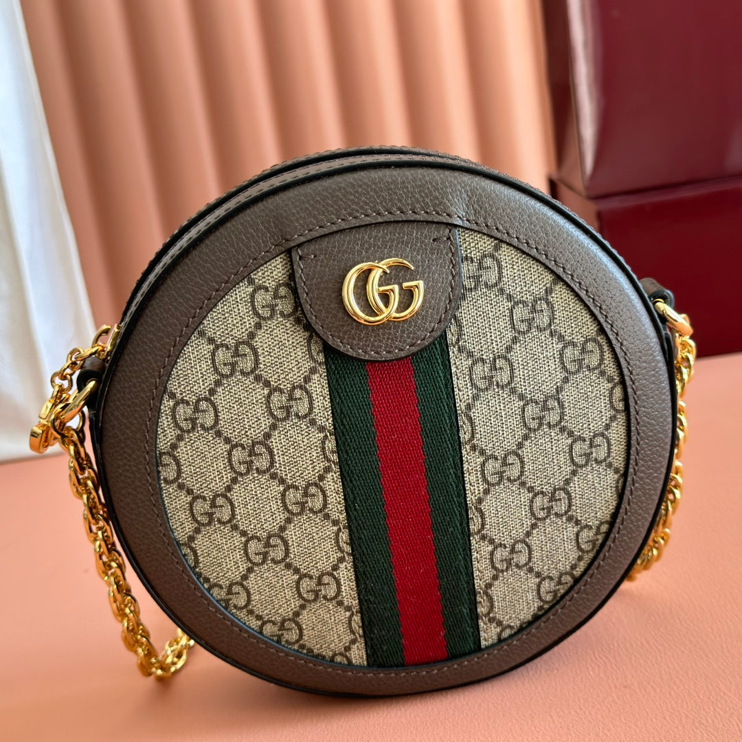 GUCCI 25S OPHIDIA MINI ROUND SHOULDER BAG 18 CM IN DARK BEIGE AND BROWN CALFSKIN by House Of Sarah