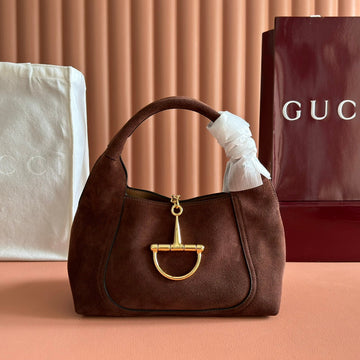 GUCCI 25S HANDBAG 28 CM IN DARK CACAO BROWN SUEDE WITH GOLD HARDWARE by House Of Sarah