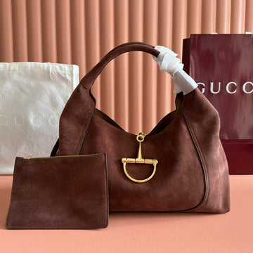 GUCCI 25S HANDBAG 46 CM IN DARK CACAO BROWN SUEDE WITH GOLD HARDWARE House Of Sarah Bags