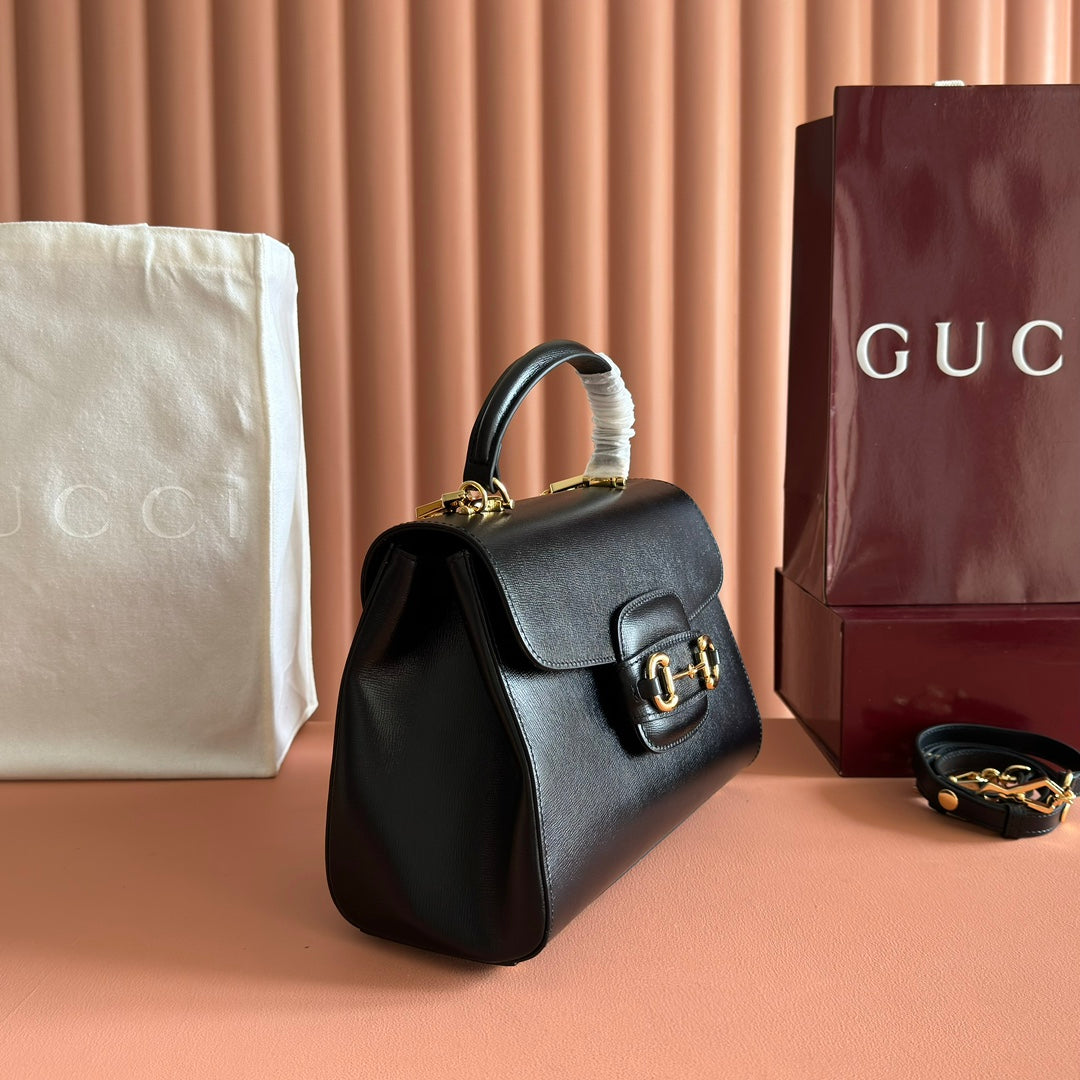 GUCCI 25S HORSEBIT 1955 MEDIUM SHOULDER BAG 29 CM IN BLACK CALFSKIN WITH GOLD HARDWARE House Of Sarah