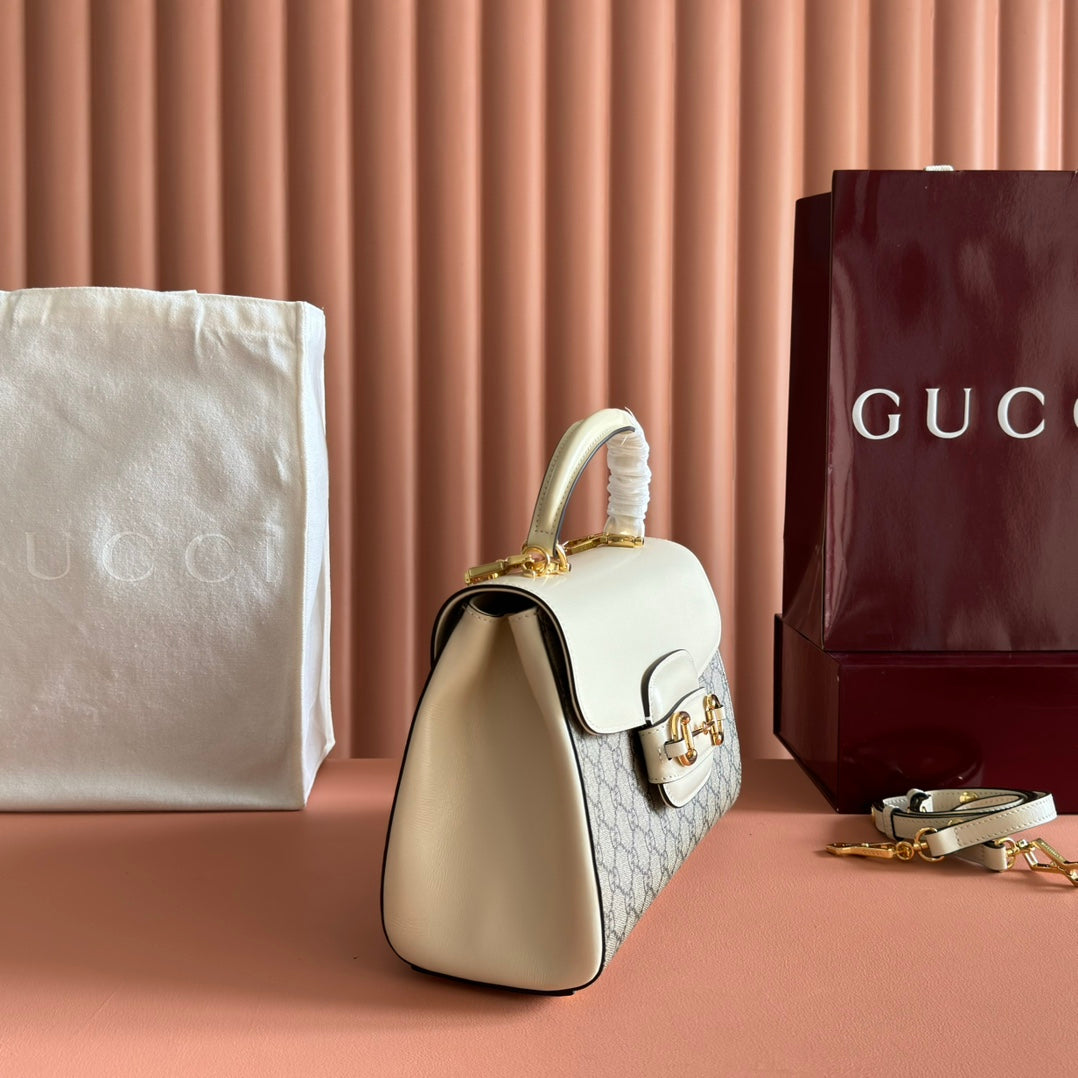 GUCCI 25S HORSEBIT 1955 MEDIUM SHOULDER BAG 29 CM IN BEIGE CANVAS AND CREAM WHITE CALFSKIN WITH GOLD HARDWARE House Of Sarah Bags