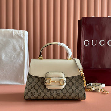 GUCCI 25S HORSEBIT 1955 MEDIUM SHOULDER BAG 29 CM IN BEIGE CANVAS AND CREAM WHITE CALFSKIN WITH GOLD HARDWARE House Of Sarah Bags