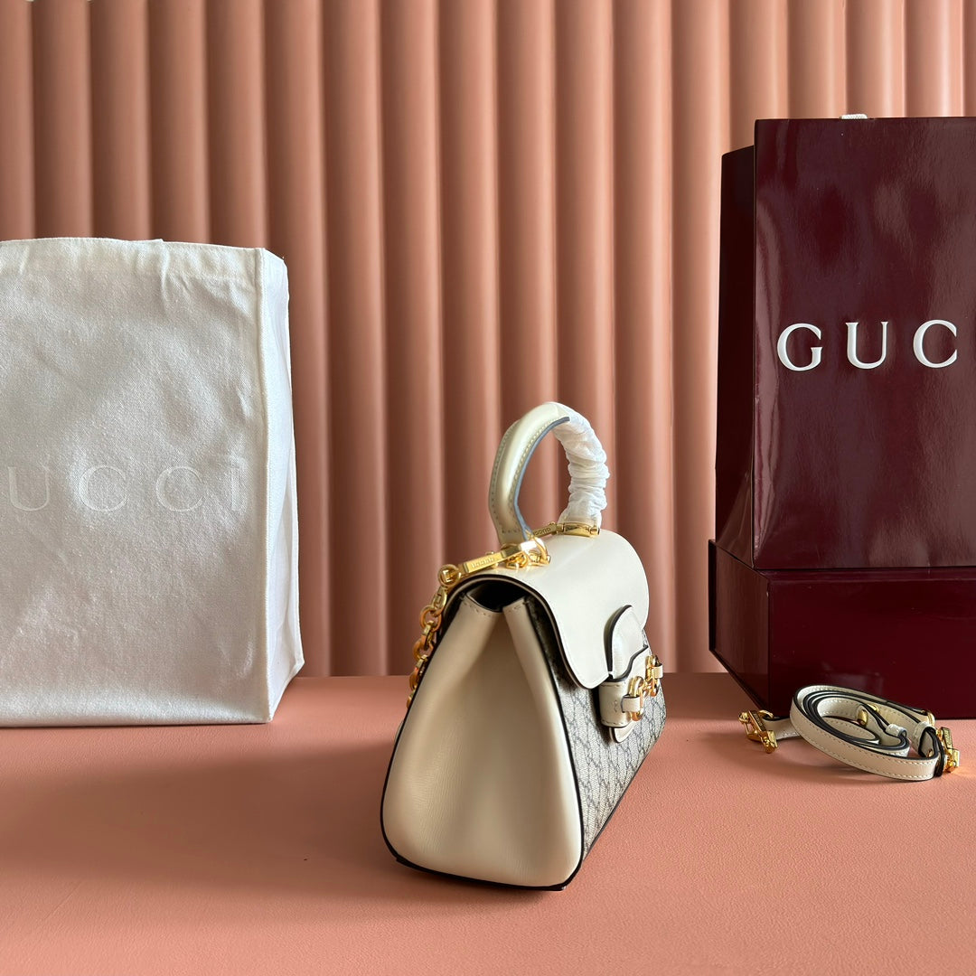 GUCCI 25S HORSEBIT 1955 MEDIUM SHOULDER BAG 22 CM IN BEIGE CANVAS AND CREAM WHITE CALFSKIN WITH GOLD HARDWARE House Of Sarah Bags