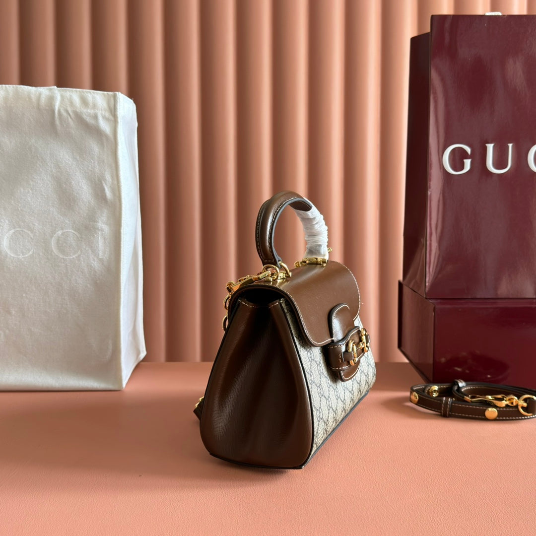 GUCCI 25S HORSEBIT 1955 MEDIUM SHOULDER BAG 22 CM IN DARK BEIGE CANVAS AND BROWN CALFSKIN WITH GOLD HARDWARE House Of Sarah Bags