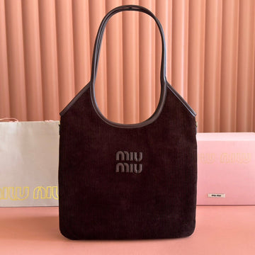 MIUMIU 26S IVY 40 TOTE IN CHOCOLATE BROWN CANVAS AND DARK BROWN CALFSKIN House Of Sarah Bags