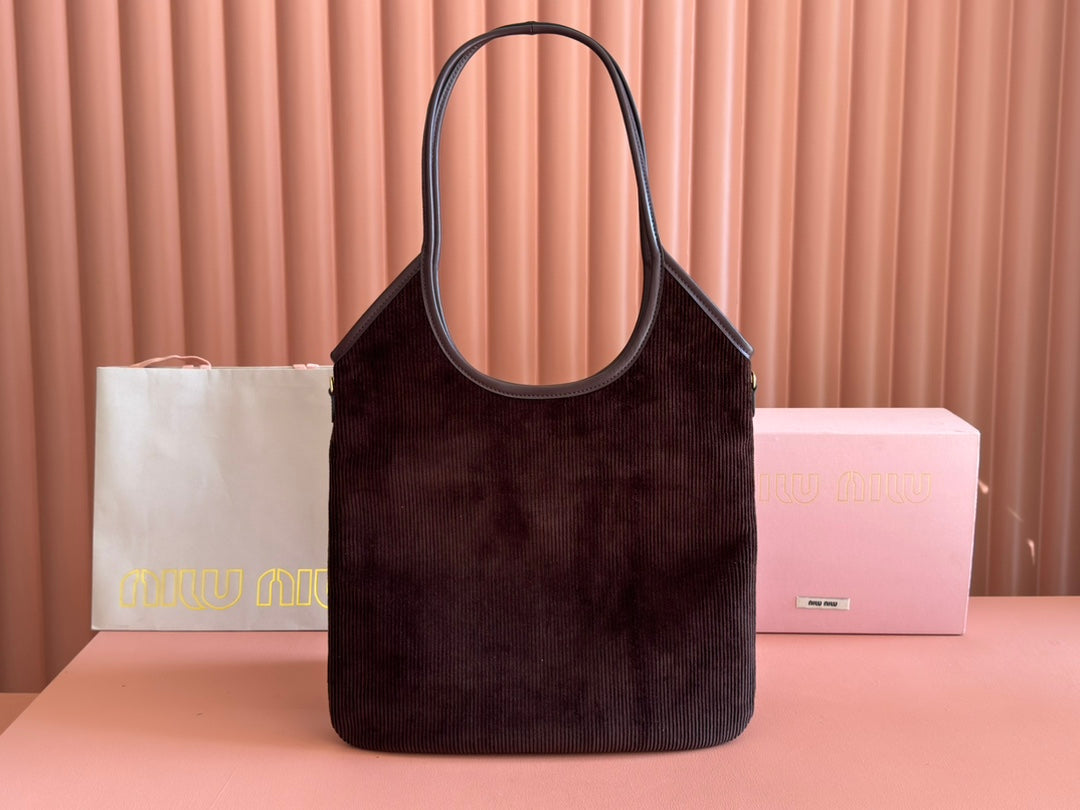 MIUMIU 26S IVY 40 TOTE IN CHOCOLATE BROWN CANVAS AND DARK BROWN CALFSKIN By House Of Sarah