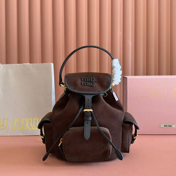 MIUMIU 26S BACKPACK 22 IN CHOCOLATE BROWN CANVAS BLACK CALFSKIN By House Of Sarah
