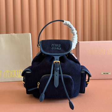 MIUMIU 26S BACKPACK 22 IN DARK BLUE CANVAS BLUE CALFSKIN House Of Sarah