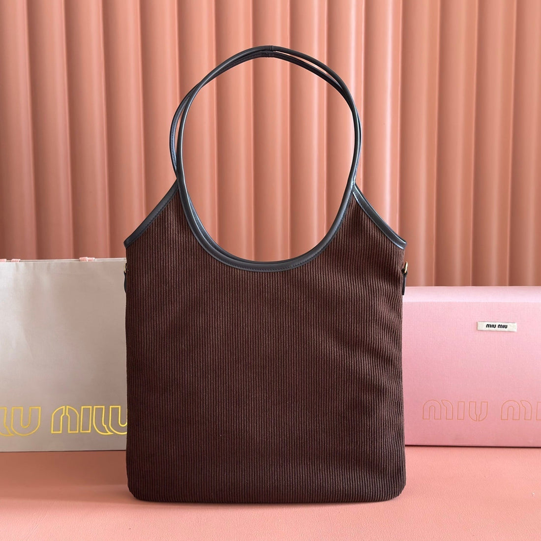 MIUMIU 26S IVY 40 TOTE IN IN CHOCOLATE BROWN CANVAS AND BLACK CALFSKIN House Of Sarah