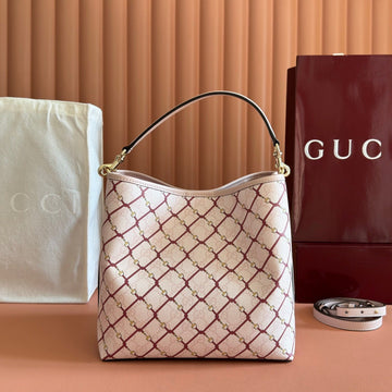 GUCCI 26S GG EMBLEM BUCKET BAG 25 IN LIGHT PINK COATED FABRIC by House Of Sarah