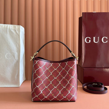 GUCCI 26S GG EMBLEM BUCKET BAG 19 IN DARK RED COATED FABRIC by House Of Sarah
