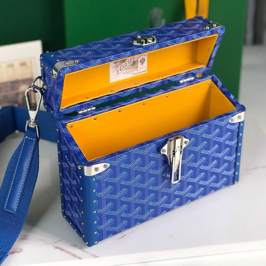 CASSETTE TRUNK BAG 21 IN BLUE GOYARDINE CANVAS & CLAMECY COWHIDE House Of Sarah