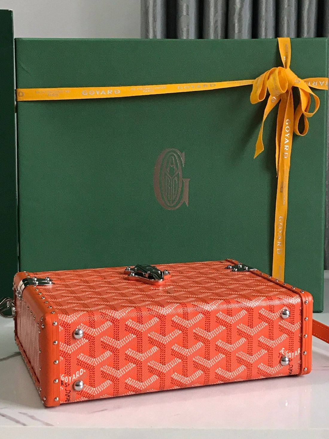 CASSETTE TRUNK BAG 21 IN RED GOYARDINE CANVAS & CLAMECY COWHIDE House Of Sarah Bags
