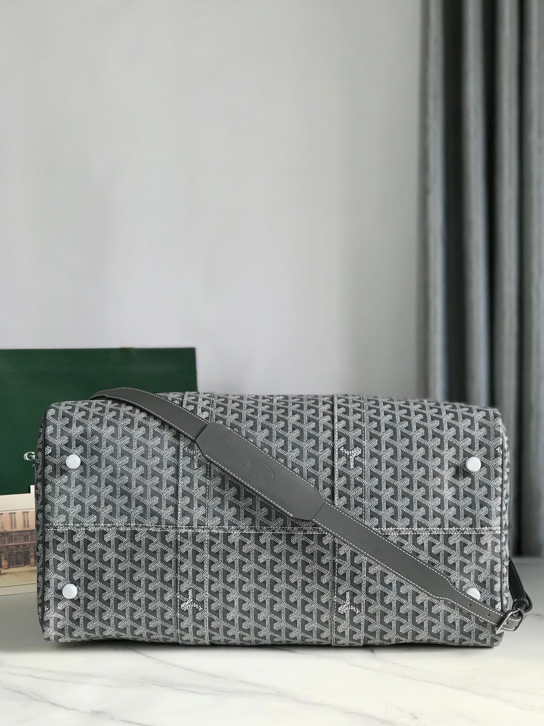 BOSTON 50 BAG IN GRAY GOYARDINE CANVAS AND CALFSKIN TRIM by House Of Sarah