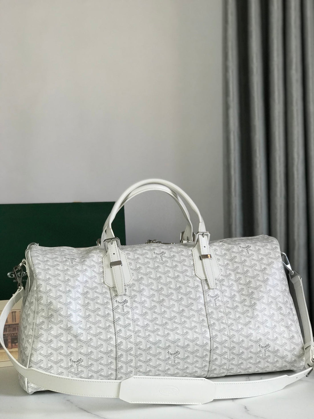 BOSTON 50 BAG IN WHITE GOYARDINE CANVAS AND CALFSKIN TRIM by House Of Sarah
