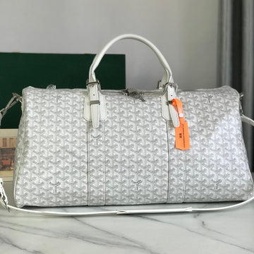 BOSTON 50 BAG IN WHITE GOYARDINE CANVAS AND CALFSKIN TRIM by House Of Sarah