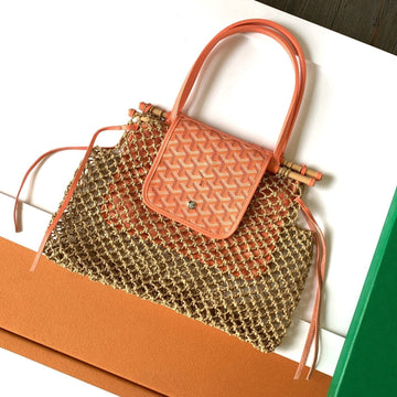 ALIGRE BAG 40 IN RED ORANGE WOVEN RAFFIA AND CALFSKIN House Of Sarah