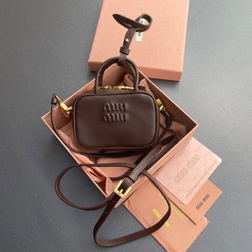 MICRO BAG KEYCHAIN 11 IN ROCK BROWN CALFSKIN EMBOSSED LOGO House Of Sarah Bags