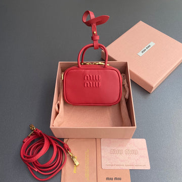 MICRO BAG KEYCHAIN 11 IN TALL POPPY RED CALFSKIN EMBOSSED LOGO House Of Sarah