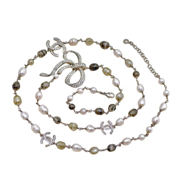 Chanel CC Faux Pearl Crystal Bow Bead Long Necklace