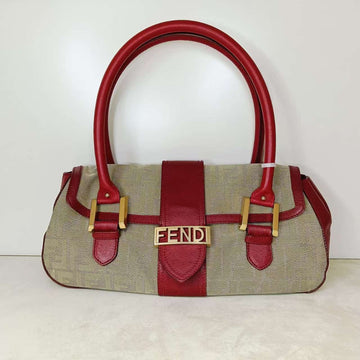 Fendi   Tote Bag Beige Red Leather Canvas Handbag