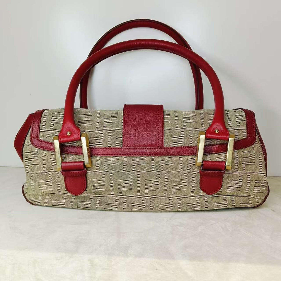 Fendi   Tote Bag Beige Red Leather Canvas Handbag