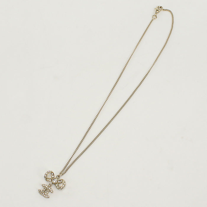 CHANEL Rhinestone Necklace COCO Mark Ribbon metal gold Women