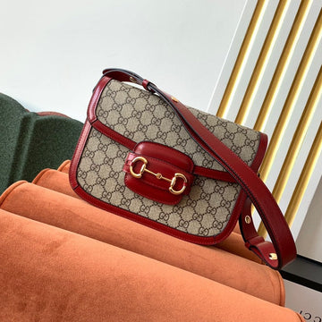 GG 1955 Horsebit Bag 25cm Red Leather Beige Canvas Gold Hardware House Of Sarah