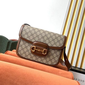 GG 1955 Horsebit Bag 25cm Brown Leather Beige Canvas Gold Hardware House Of Sarah